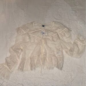 American Eagle Cream Sheer Blouse Lace Ties in Front